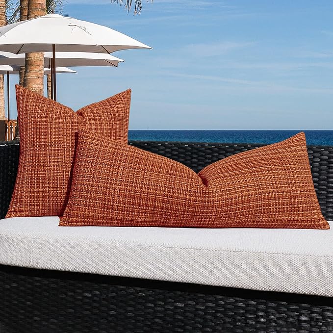 Kevin Textile Outdoor Waterproof 14"x36" Pillow Cover 1 Pack, Burnt Orange | Fall Water Resistant, Faux Linen Yarn-dyed, Woven Texture Throw Pillow Covers for Tent Patio Garden Couch Sofa