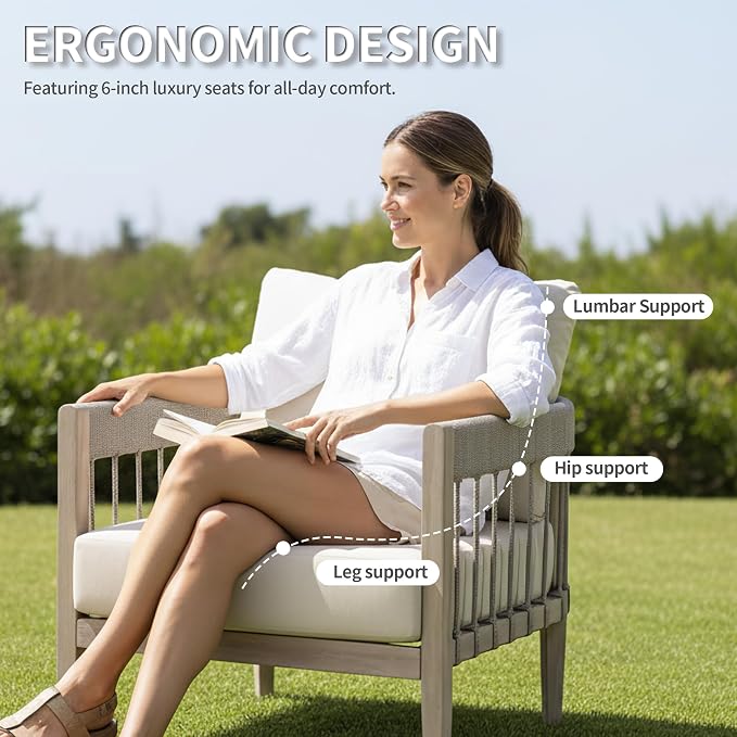 2-Piece Outdoor Sofa Set, Never-Rust Aluminum Patio Armchairs with Hand-Woven Rope & Thick Cushions, Faux Wood Grain Finish Balcony Outdoor Sofa Chairs for Garden, Deck, Porch