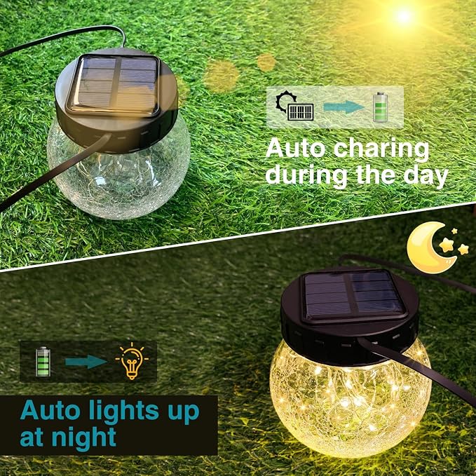 Kolpop 4 Pack Hanging Solar Lights for Outside, Cracked Glass Solar Lanterns Lights Outdoor Waterproof ,30 LED Hanging Globes Lights for Christmas Decoration, Shepherd Hook, Warm White