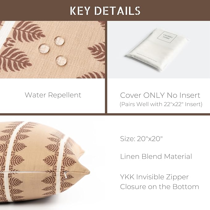 Crumbs Home Modern Farmhouse California Casual Indoor Outdoor Throw Pillow Cover, 20"x20" Water Repellent for Patio, Backyard, Couch, Poolside, Earth Tone Cocoa Brown Tan Print Leaves Stripes