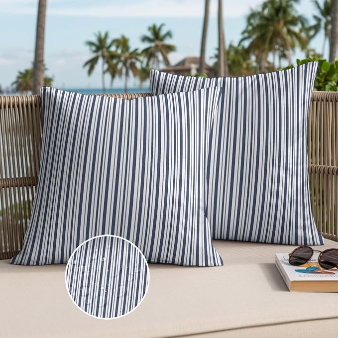 Navy Blue Vertical Stripes Waterproof Outdoor Pillow Covers Set of 2 Home Decor, Pinstripes Apricot Lines Pillowcase Patio Pillow Covers for Couch Bench Patio Furniture Garden 26x26in