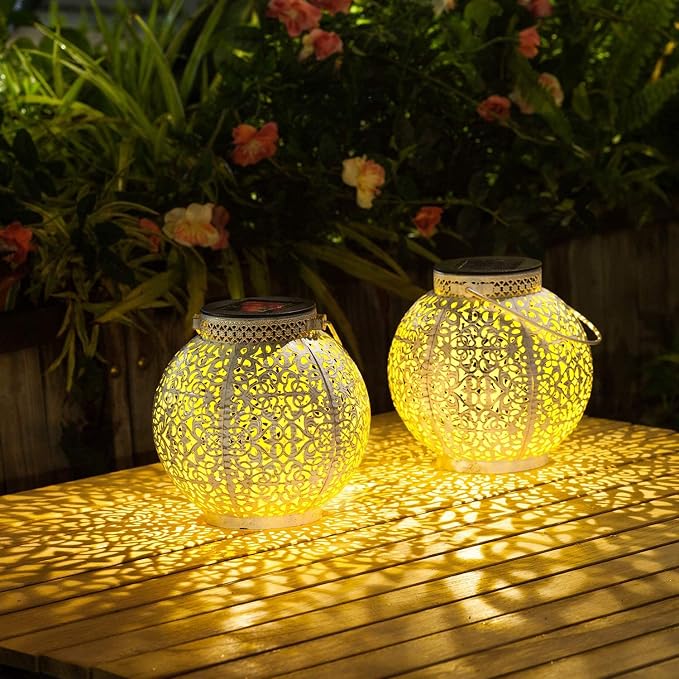 2 Packs White Solar Lanterns Outdoor Waterproof Garden Laterns Metal Retro Lights for Mothers Gifts Mom Wife Grandma Birthday Gifts (White Set of 2)