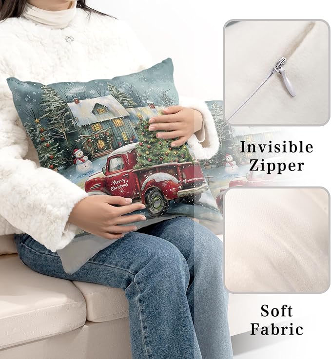 Red Truck Christmas Pillow Covers 22x22 Set of 2 Merry Christmas Pillow Case for Winter Holiday Decorations Couch Bedroom Xmas Tree Cabin Snowman Cushion Case