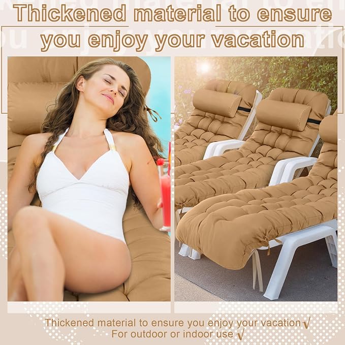 Tudomro Outdoor Chaise Lounge Cushion 66x21x4'' Waterproof & Fade-Resistant Patio Pool Chaise Lounge Cushion Headrest Pillow Tie Replacement Rocking High Back Chair(Brown,Set of 2)