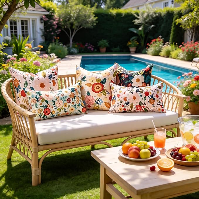 Outdoor Waterproof Pillow Covers Decorative Black Floral Pillow Covers Summer Accent Square Couch Covers Garden Farmhouse Throw Cushion Cases 20x20 Inch Set of 2 for Patio Tent Balcony Bench Sofa