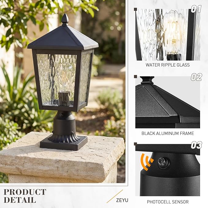 zeyu Dusk to Dawn Lamp Post Fixture with Photocell Sensor, 16 Inch Outdoor Lamp Post Light Sensor, Post Lantern Lamp with Water Ripple Glass, 20076P-PC BK-WP