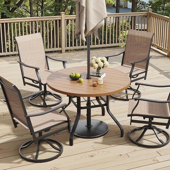 Soohow Round Outdoor Dining Table, 41" Round Patio Table Wood-Like Grain with 1.57" Umbrella Hole, Metal Outdoor Dining Tables for Backyard and Poolside