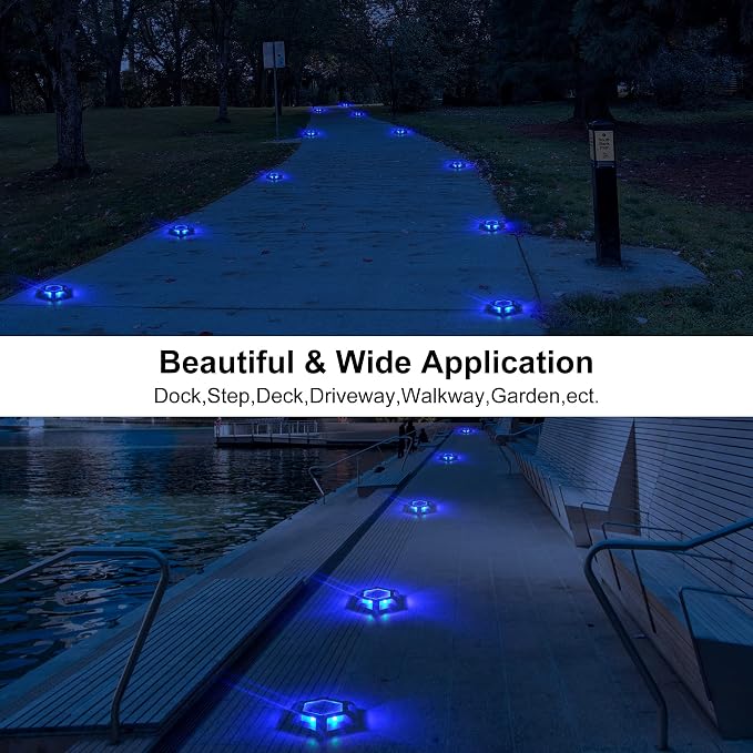 Solar Dock Lights Driveway Deck Lights - 16 Packs Waterproof 1200mAh Outdoor LED Aluminum Dock Lighting Warning Step Light for Driveway Sidewalk Garden Pathway Yard (Blue)