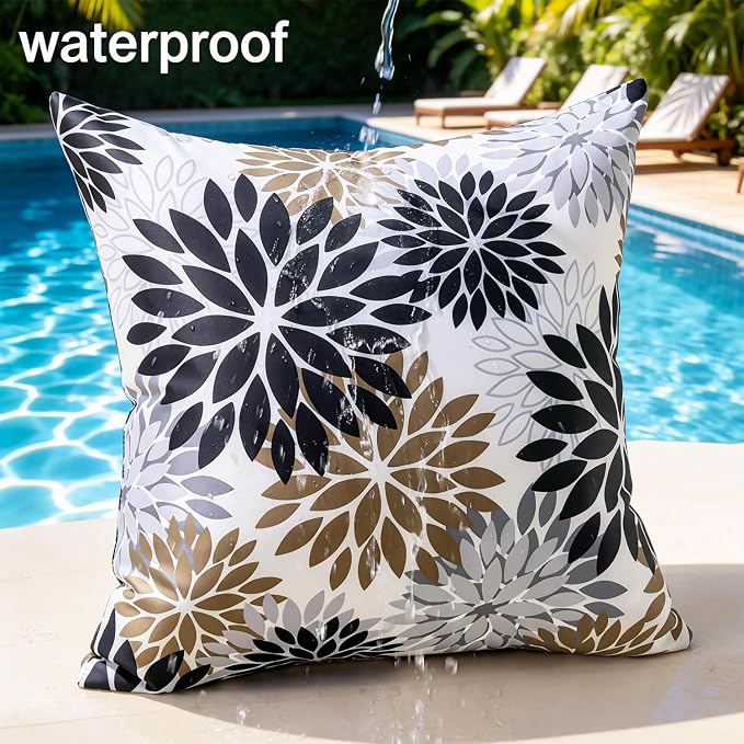 Outdoor Waterproof Throw Pillow Cases Pack of 2 Dahlia Flowers Throw Pillow Covers 18×18 Black and Brown Decorative Spring Summer Cushion Covers for Garden Patio Living Room Couch