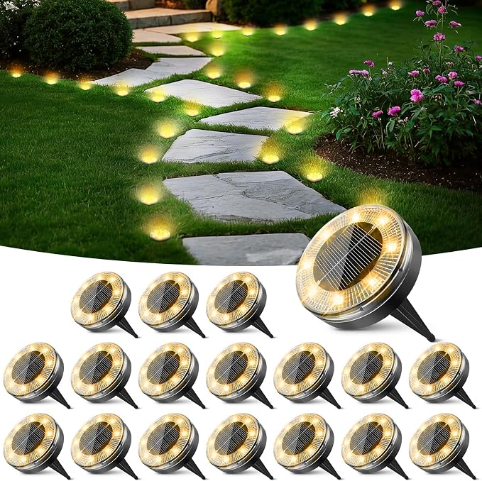 Mini Solar Ground Lights, 18 Pack Flat Solar Disc Lights Outdoor Waterproof, 2.3 Inch Small Solar Garden Lights Landscape Lighting for Outside Pathway Garden Yard Lawn Walkway,Warm White