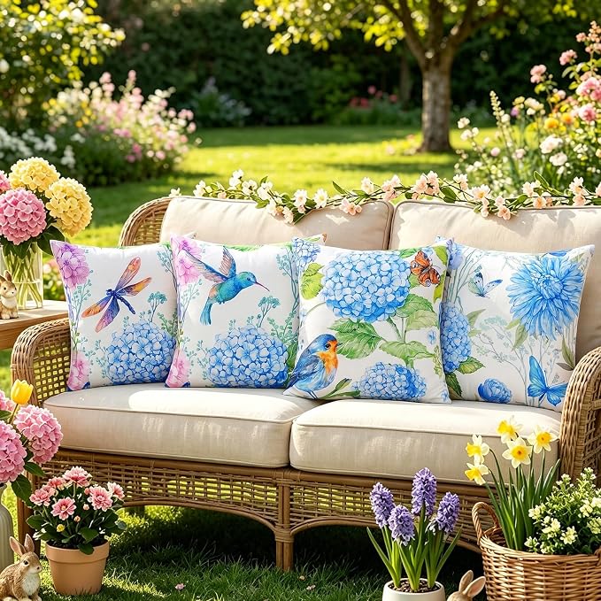 Merrycolor Outdoor Waterproof Throw Pillow Covers 18x18Inch Set of 4 Summer Flowers Accent Farmhouse Décor Hydrangeas Butterflies Birds Decorative Pillow Covers for Couch paito Garden Sofa Blue-Purple