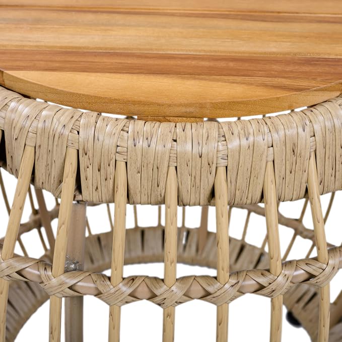 Polibi Outdoor Side Table with Handwoven Wicker Base, Weather-Resistant Outdoor/Indoor Accent Table for Patio, Balcony, Garden, Coastal & Farmhouse Decor(Light Brown)