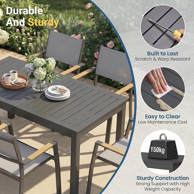 FansaFurn Patio Furniture Set with 92" Extendable Dining Table, Patio Table Set for 4–8 People, All-Weather Aluminum Outdoor Furniture, Outdoor Dining Set for Backyard, Porch, and Garde, Grey