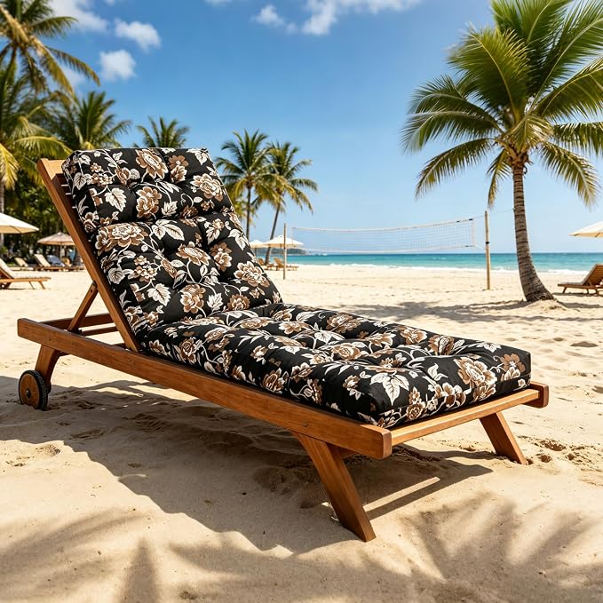 Patio Chaise Lounge Cushions, 70.5"x21"x4" Waterproof Replacement Beach Pool Lawn Outdoor Lounge Chair Cushion, Non-Slip Bottom & Secure Ties for Outdoor Furniture，Flower Black, 1Count