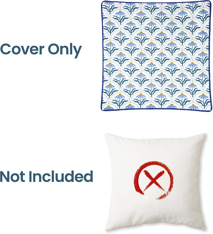 Outdoor Pillow Covers 18x18 Inch, Water-Resistant Decorative Pillow Covers Pack of 2, Floral Throw Pillow Case for Patio Furniture Tent Garden, Blue Bloom with Blue Edge, Cover ONLY