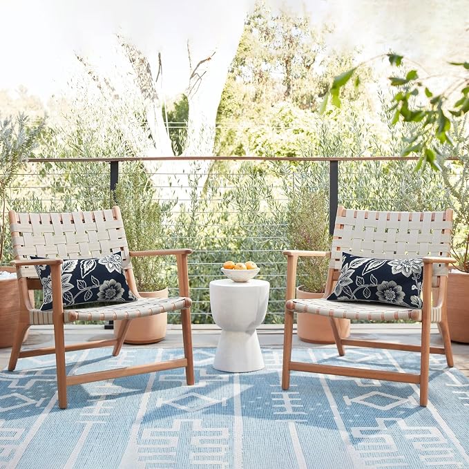 LVTXIII 2 Pack Outdoor Lumbar Pillows 12x20 Inch with White Piping, Fade Resistant Support Throw Pillows with Inserts for Patio Furniture, Sofa, Chair, Elegant Vines Navy
