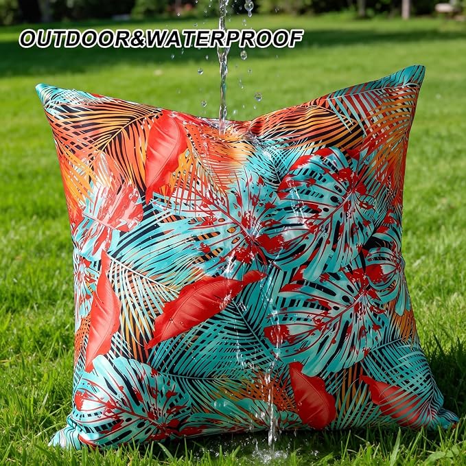 Outdoor Pillow Covers Tropical Leaves Waterproof Summer Throw Pillow Covers Decorative Blue Red Leaf Couch Covers 20x20 Set of 2 Square Cushion Cases for Patio Furniture Garden Tent Balcony Bench