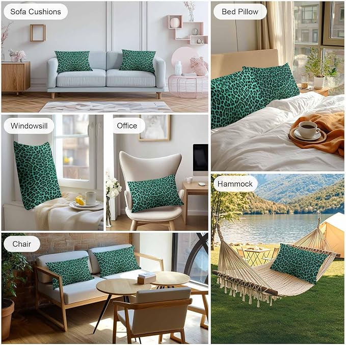 Vandarllin Outdoor Throw Pillows Covers 20x12 inch Set of 2 Waterproof Green Leopard Print Decorative Zippered Cushion Covers for Patio Furniture, Retro Animal Fur Pattern Lumbar Pillowcases
