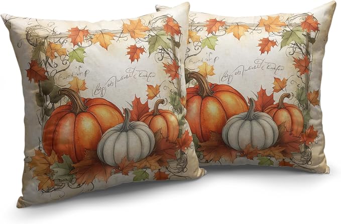 Fall Pillow Covers 22x22 Set of 2 Maple Leaves Pumpkin Pillow Covers Autumn Harvest Pillowcase Thanksgiving Vintage Cushion Case for Home Decor Couch Sofa