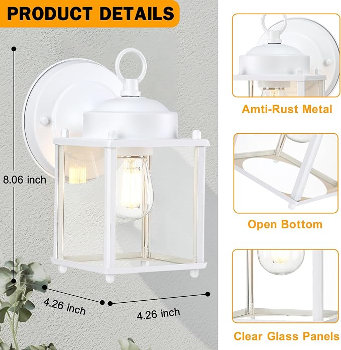 Outdoor Wall Light, Porch Lamp, Rustproof Waterproof, White | Exterior Wall Sconce Fixture for House, Garage, Patio, Metal Housing with Glass, E26 Base, 2 Pack