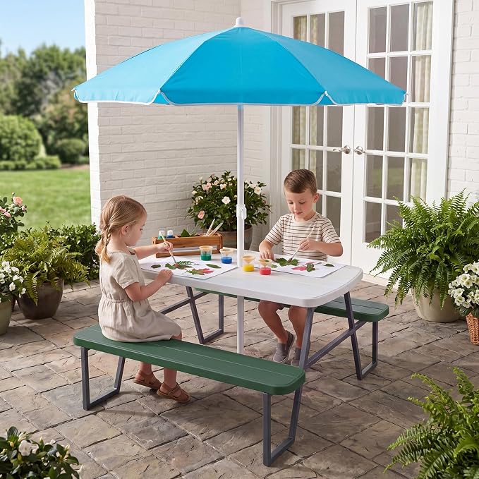 HONEY JOY Kids Picnic Table, 4 Person Toddler Outdoor Table and Chair Set, Built-in Benches, Removable Umbrella, Metal Frame & HDPE Top, Children Outdoor Furniture for Backyard Patio Garden (Green)