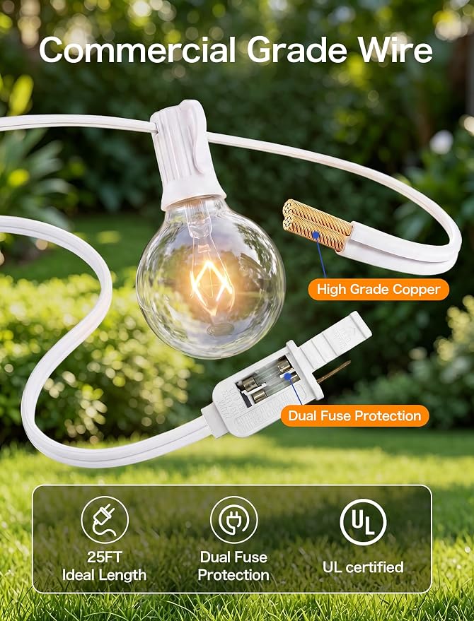 25FT Outdoor White String Lights with 27 Clear Bulbs, G40 Globe Patio String Lights for Indoor/Outdoor, Connectable Hanging Lights for Backyard Porch Balcony Party Decor - White Wire