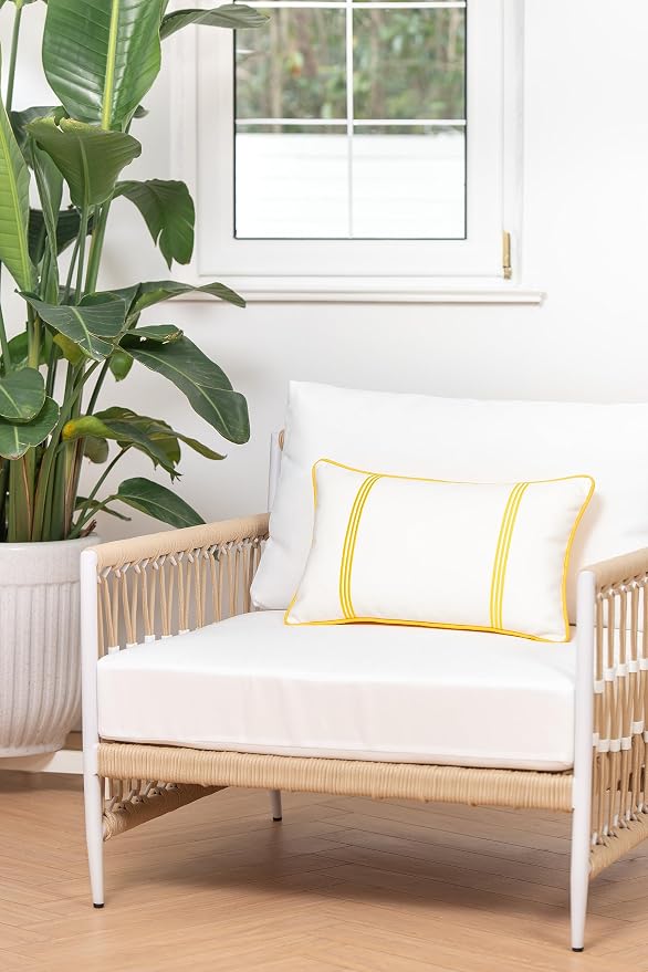 Hofdeco Premium Coastal Patio Indoor Outdoor Lumbar Pillow Cover Only, 12"x20" Water Resistant for Backyard, Couch, Yellow Embroidered Vertical Line