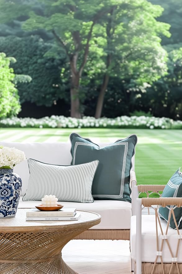 Hofdeco Premium Coastal Grandmillennial Patio Indoor Outdoor Lumbar Pillow Cover Only, 12"x20" Water Repellent for Backyard, Couch, Poolside, Celadon Green Print Stripes