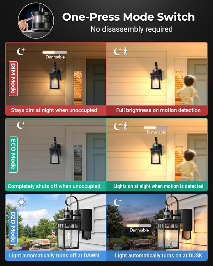 Gleamz Adjustable Time & Distance Outdoor Light with GFCI Outlet, 2 Pack Motion Sensor Outdoor Light Fixture, Black Dusk to Dawn Outdoor Lights for House, Patio, Garage, Waterproof, Aluminum