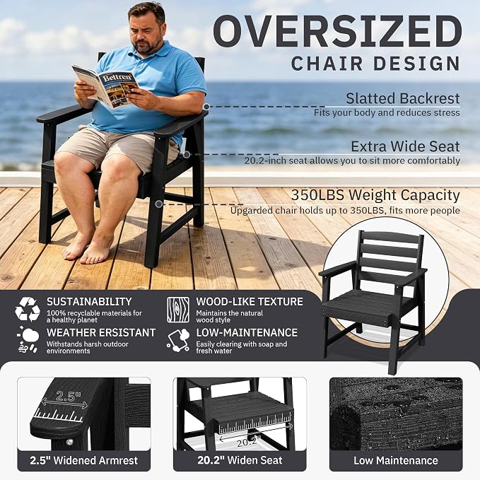 AreShark Patio Dining Chair Set of 2,All Weather HDPE Outdoor Dining Armchairs with Wide Seat and Backrest,Weatherproof Patio Chairs for Garden,Backyard,Deck,Black