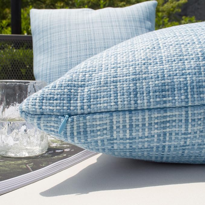 Kevin Textile Outdoor Waterproof 26"x26" Pillow Covers 2 Pack, Light Blue | Water Resistant, Faux Linen Yarn-dyed, Woven Texture Euro Throw Pillow Covers for Tent Patio Garden Couch Sofa