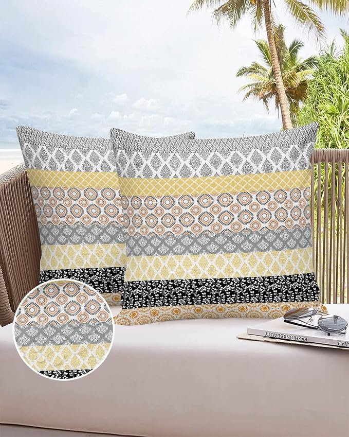 Outdoor Waterproof Throw Pillow Covers Set of 2 Yellow Boho Stripe Tribal Vingtage Lumbar Pillowcases 20x20 Inches Bohemian Style Decorative Pillows Cushion Case Patio Pillows for Couch Bed Garden