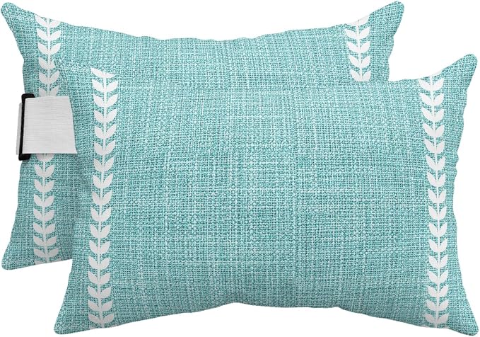 Bohemia Turquoise Outdoor Lumbar Pillows 12x20 Set of 2, Modern Simple White Striped Summer Waterproof Throw Pillow Covers with Insert, Decorative Support Pillows for Lounge, Chaise