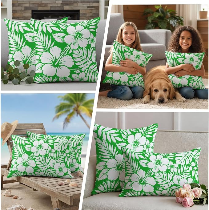 Green Hibiscus Flowers Waterproof Outdoor Pillow Covers Set of 2 Home Decor, Tropical Monstera Leaves Pillowcase Patio Pillow Covers for Couch Bench Patio Furniture Garden 26x26in