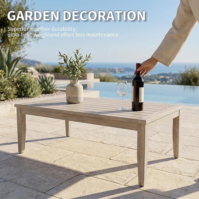 Outdoor Coffee Table, Never-Rust Aluminum Patio Coffee Table with Faux Wood Grain Finish, 24" x 43" Rectangle All-Weather Patio Table with Adjustable Feet for Balcony, Deck, Garden