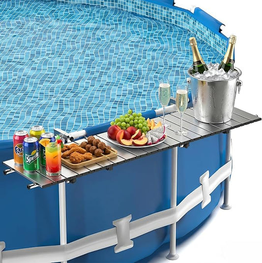 Above Ground Pool Bar, 47" x 11.7" 304 Stainless Steel Pool Bar Table for Round Above Ground Pools, Holds Ice Bucket, Great for 5-Person Family Gatherings, UV & Pool Chemical Resistant, Holds 150 lbs