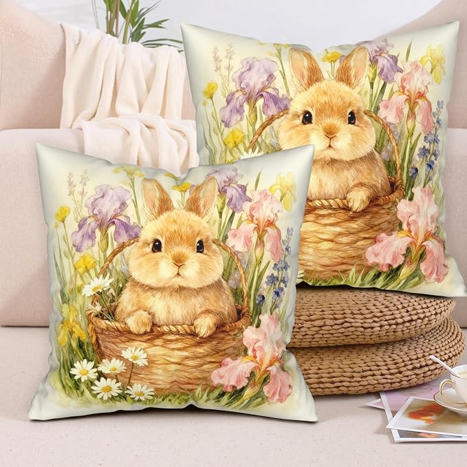 Set of 2 Spring Easter Throw Pillow Covers Watercolor Lovely Bunny Pillow Covers 24x24 Rabbit Daisy Iris Floral Pillow Cases Spring Holiday Cushion Cases for Home Sofa Decor