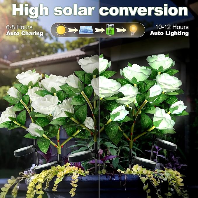 Anordsem Solar Garden Lights Outdoor: 10 Waterproof Fabric Roses 2 Pack - White LED Flower Decorations for Yard Patio Path Cemetery Grave - Mother’s Day Gift for Her Women Mom Wife