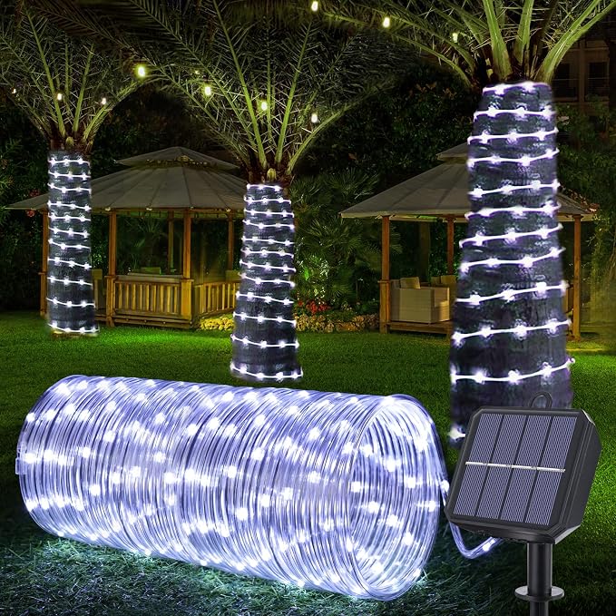 Jnaurb Solar Rope Lights, 33ft 100LED Solar String Lights, 8 Modes Waterproof Solar Outdoor Light, Flexible Clear Trampoline Light for Garden Backyard Patio Deck Porch, Pool Tree Decoration - White