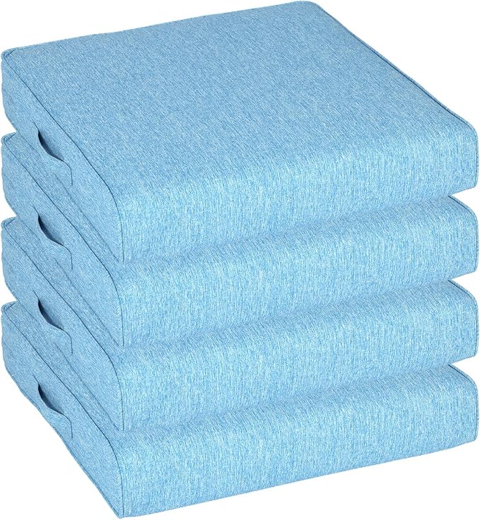 Aoodor Patio Chair Cushions Set of 4, 24 x 24 x 4 Inch Water Resistant Outdoor Seat Cushions with Handle and Ties, Square Corner Cushions for Patio Furniture Garden Lawn, Lake Blue