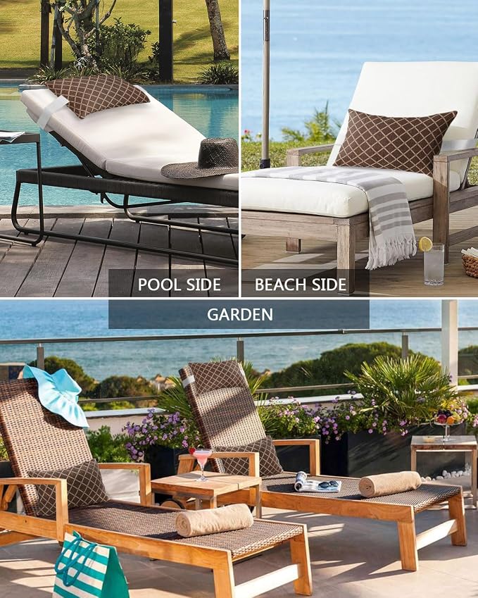 Outdoor Pillows Waterproof Covers Set of 2, Tan Diamond Pattern Adjustable Elastic Chaise Lounge Head Resting Pillows, Geometric Plaid Lines Lumbar Pillow for Pool Beach Patio Furniture 20x12 Inch