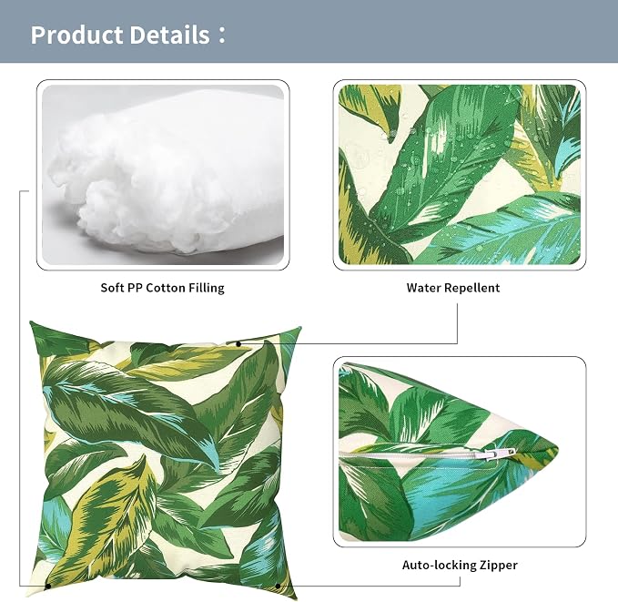 Outdoor Pillows with Insert 16x16 Inch, Waterproof Throw Pillow for Patio Furniture, Decorative Back Cushion for Garden Home Sofa Office Chair, Set of 2, Lush Leaf Jungle