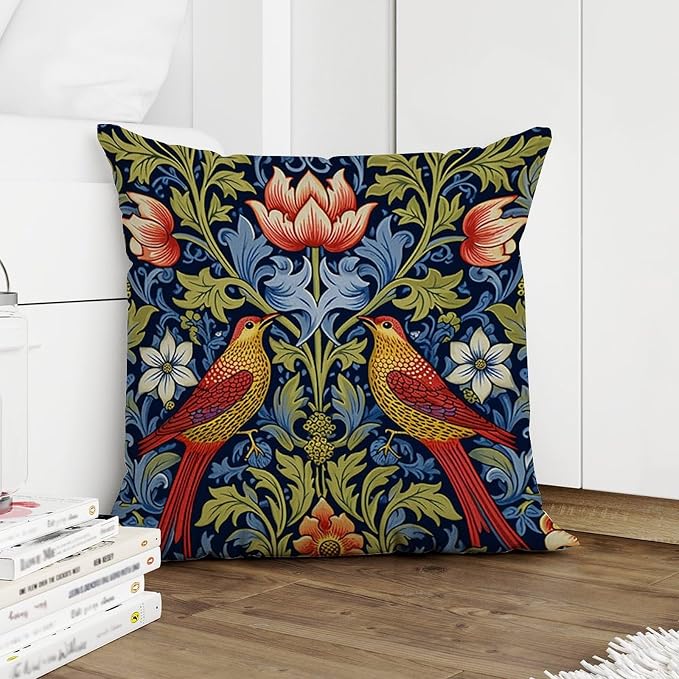 Red Bird Floral Flower Throw Pillow Covers Chinoiserie Asian Botanical Throw Pillow Cover Farmhouse Square Couch Sofa Cushion Covers for Patio Garden Couch Tent 20x20 in