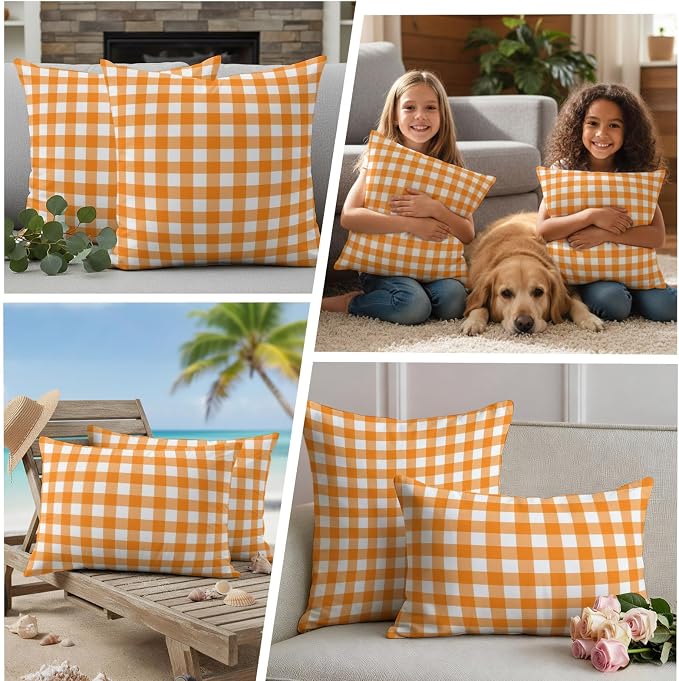 Orange Checks Outdoor Pillow Covers 20"x12" Set of 2, White Gingham Plaid Abstract Modern Summer Waterproof Throw Pillow Covers for Patio Furniture, Decorative Cushion Covers for Porch