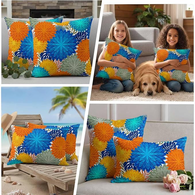 Blue Sage Green Flowers Outdoor Pillow Covers Waterproof, All Weather Cushion Case Set of 2, Boho Colorful Floral Plant Lumbar Pillowcase for Sofa Couch Bed Decor Patio Furniture 20"x12"