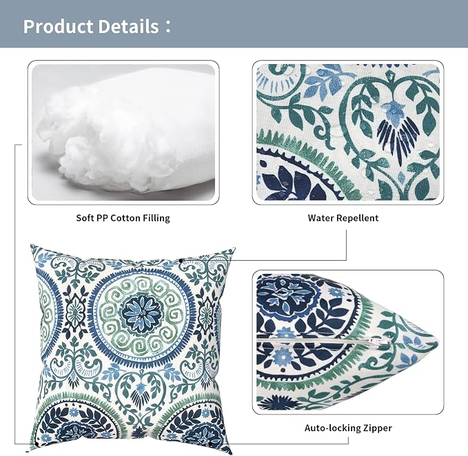 Outdoor Pillows with Insert 20x20 Inch, Waterproof Throw Pillow for Patio Furniture, Decorative Back Cushion for Garden Home Sofa Office Chair, Set of 2, Medallion Blue