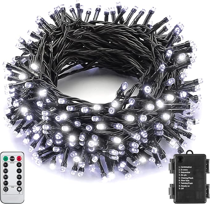 Outdoor Indoor Christmas String Lights 33Ft 100LED Battery Fairy Lights Waterproof Remote Timer 8 Modes for Garden Party Holiday Xmas Trees Decor (Cold White)