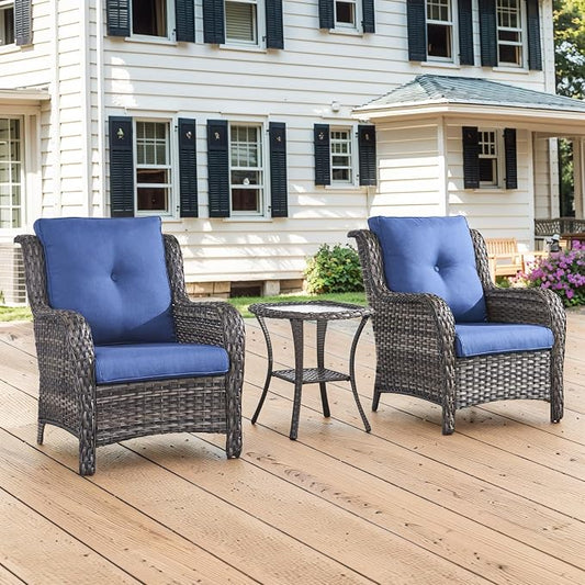 Belord Patio Chairs Outdoor Furniture Set, 3 Peices Porch Wicker Furniture with Side Table, Deep Seating Patio Bistro Chair Sets (Blue Cushion)