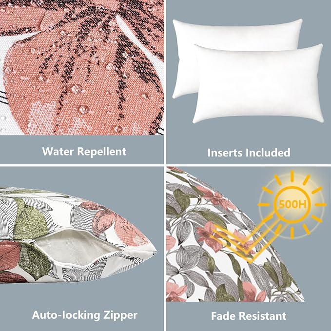 LVTXIII Outdoor/Indoor Lumbar Pillows, Decorative Patio Lumbar Cushions, Fluffy Water Repellent Garden Cushions for Home Patio Coach Sofa Use, 12×20 Inch, Pack of 2, Clemens Noir Pink