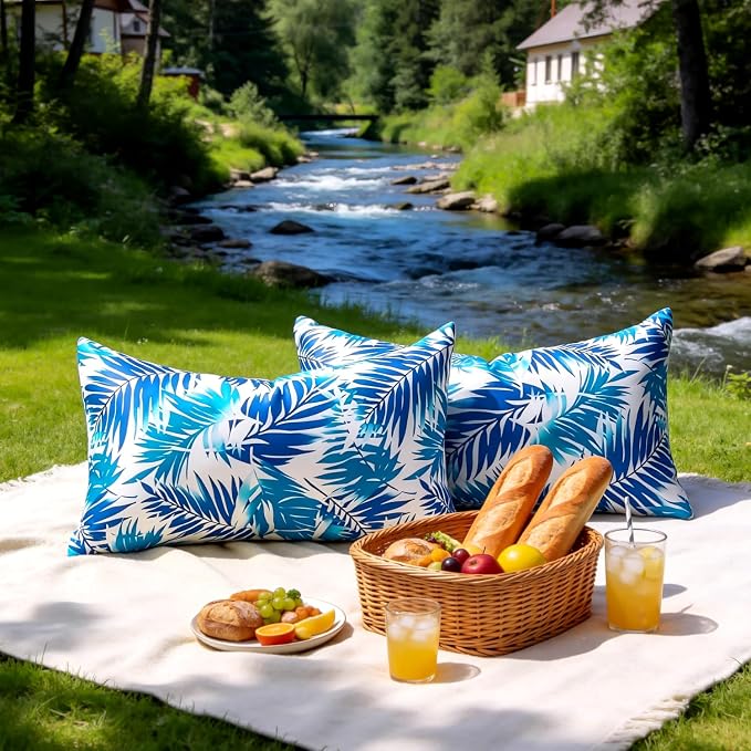 Outdoor Lumbar Pillow Covers Waterproof Summer Decorative Throw Pillow Covers Blue Tropical Leaf Couch Covers 18x18 Set of 2 Outdoor Cushion Home Decor for Patio Furniture Garden Tent Balcony Bench